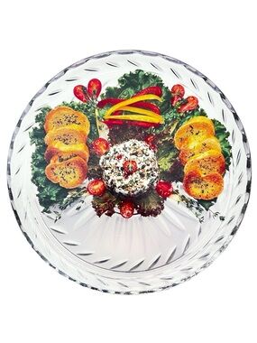 CRYSTAL 14” Glass Serving Platter Cake Plate with Center Motif COLONY CRAFTS